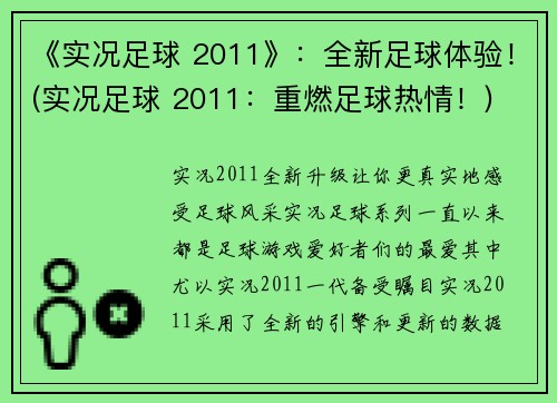 《实况足球 2011》：全新足球体验！(实况足球 2011：重燃足球热情！)